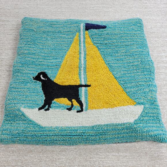 Handmade Hooked Wool Pillow Cover Dog Sailboat Nautical Coastal 17x17 - Picture 3 of 11